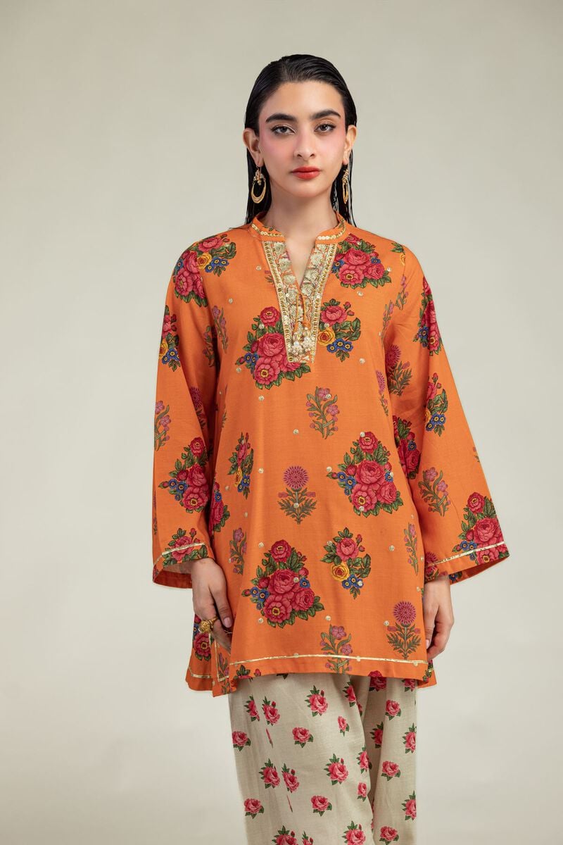 Embroidered | Raw Silk | Orange Floral Kurta | USD 40.00