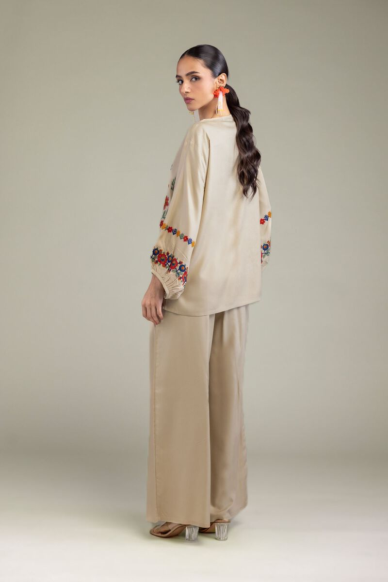 Embroidered | Viscose Crepe | Floral Beige Blouse | null