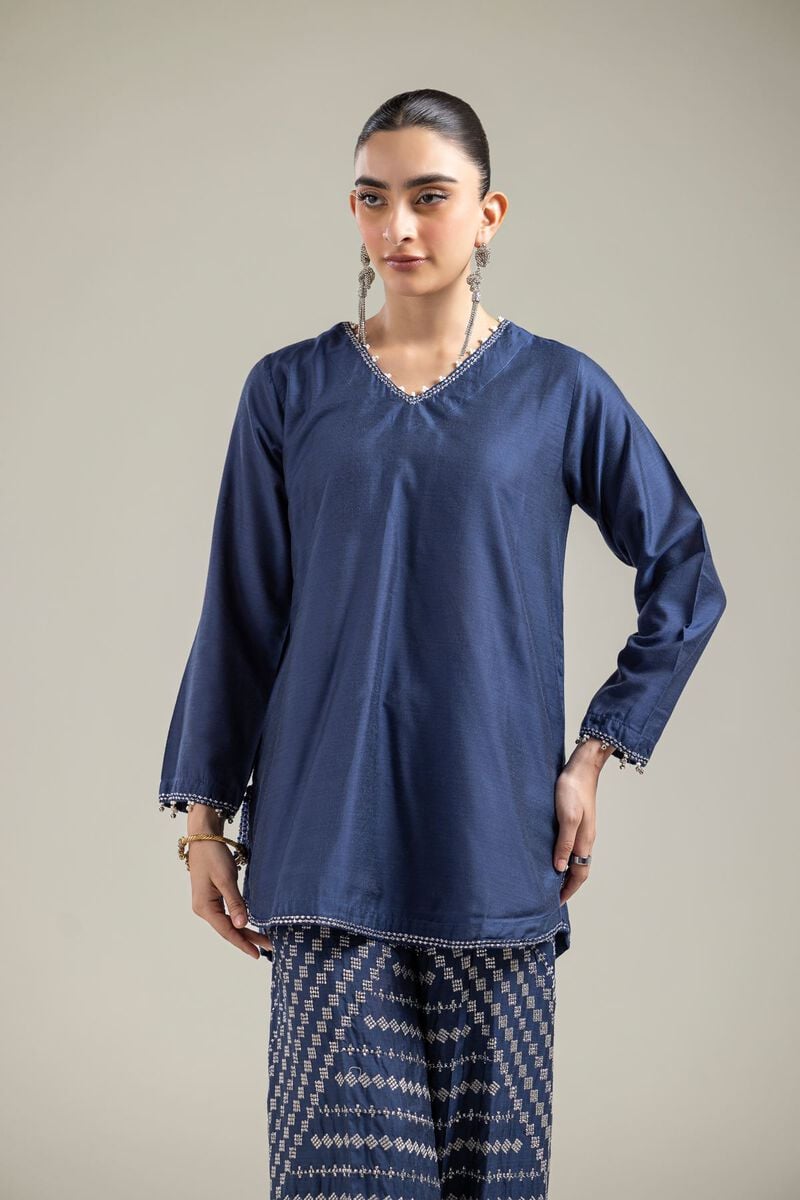 Raw Silk | Navy V-Neck Kurta | USD 40.00