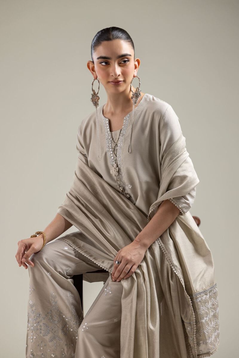 Cotton Net | Geometric Beige Dupatta | USD 40.00