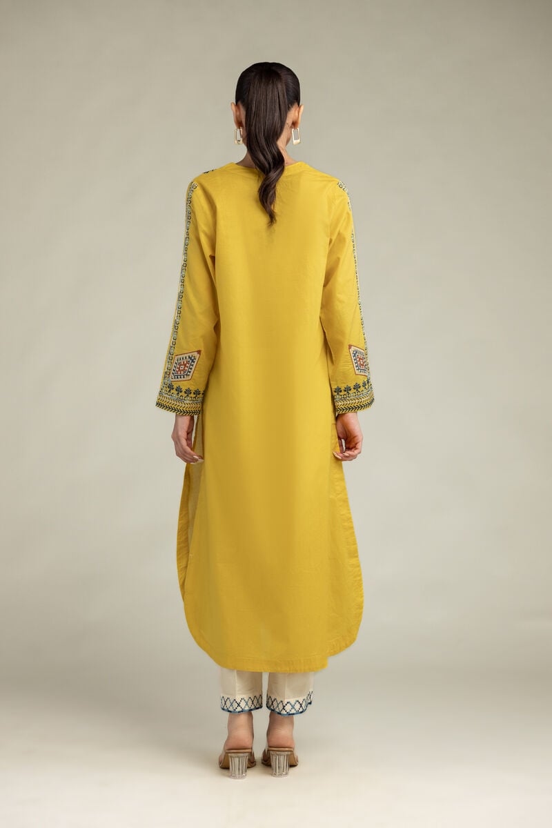 Embroidered | Cambric | Yellow Longline Kurta | USD 40.00