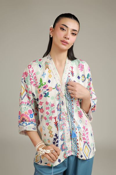 Embroidered | Viscose Crepe | Floral V-Neck Tunic | USD 40.00