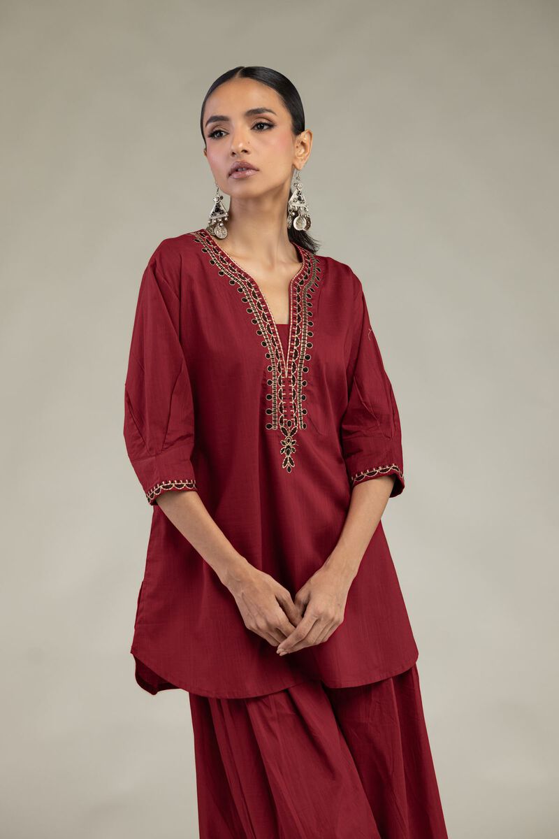 Textured Cotton | Embroidered | V-Neck Cotton Kurta | USD 35.00