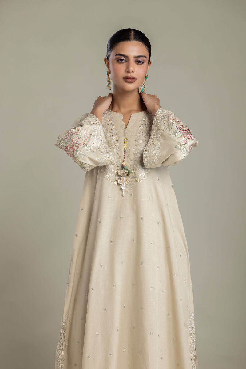 Embroidered | Raw Silk | Floral Beige Kurta | USD 80.00