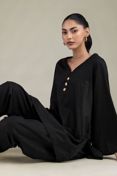 Dyed | Cotton Viscose | Black Solid Kurta | USD 40.00