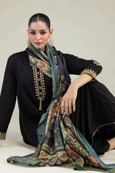 Embroidered | Raw Silk | Black Longline Kurta | USD 60.00