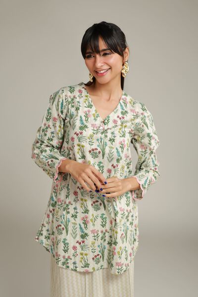 Embroidered | Cotton Dobby | Floral V-Neck Kurta | USD 30.00