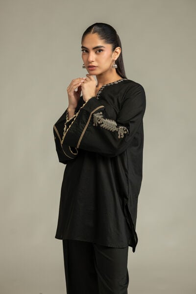 Embroidered | Cambric | V-Neck Black Kurta | USD 40.00