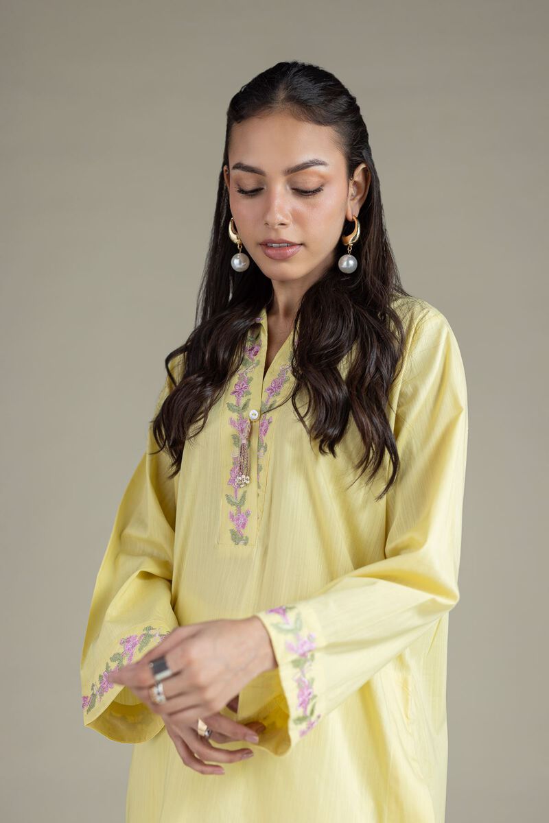 Embroidered | Textured Cambric | Floral V-Neck Kurta | USD 35.00