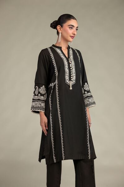 Printed | Raw Silk | Long Black Kurta | USD 55.00