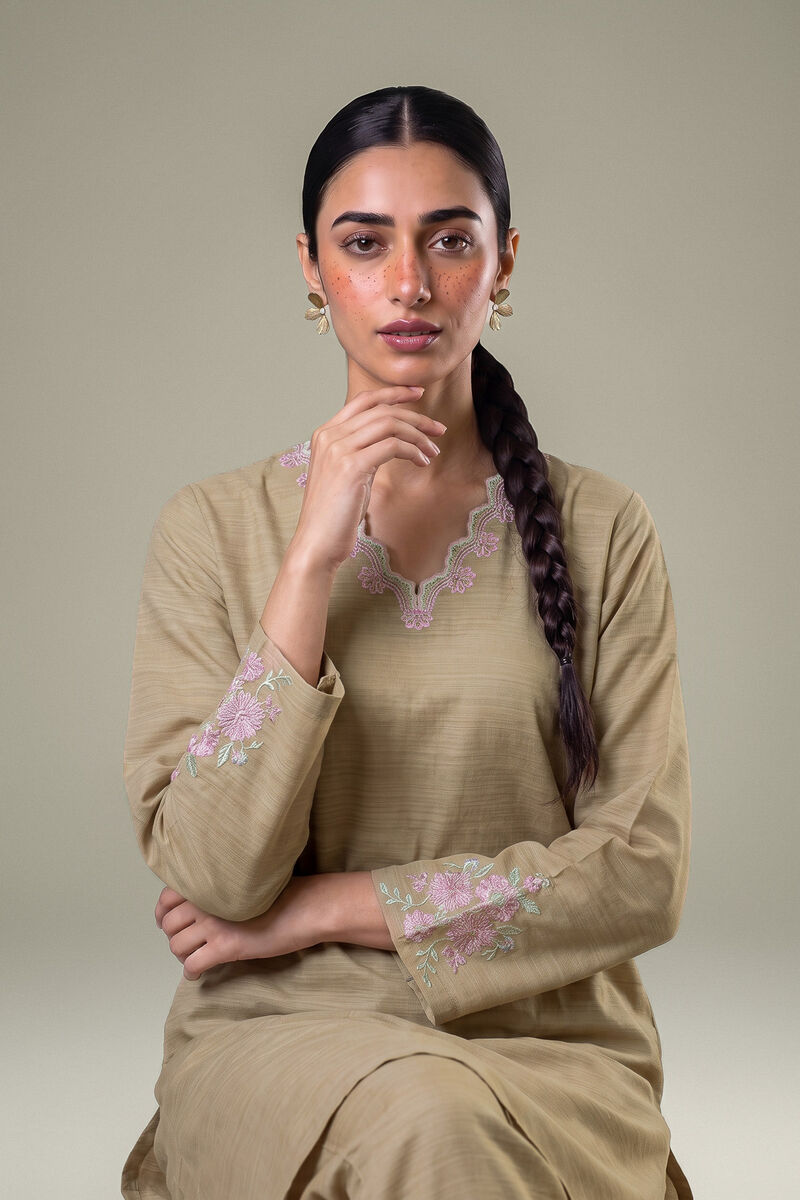 Embroidered | Light Khaddar | Longline Beige Kurta | USD 35.00