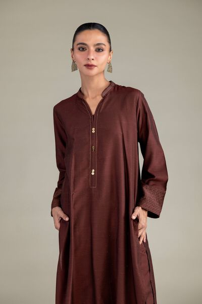 Dyed | Mesuri Silk | Brown V-Neck Kurta | USD 35.00