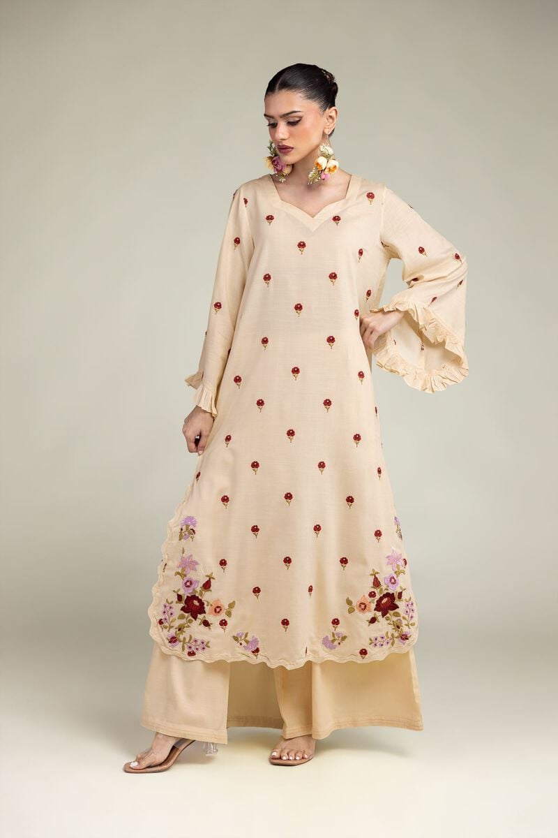 Embroidered | Raw Silk | Beige Solid Pants | USD 30.00