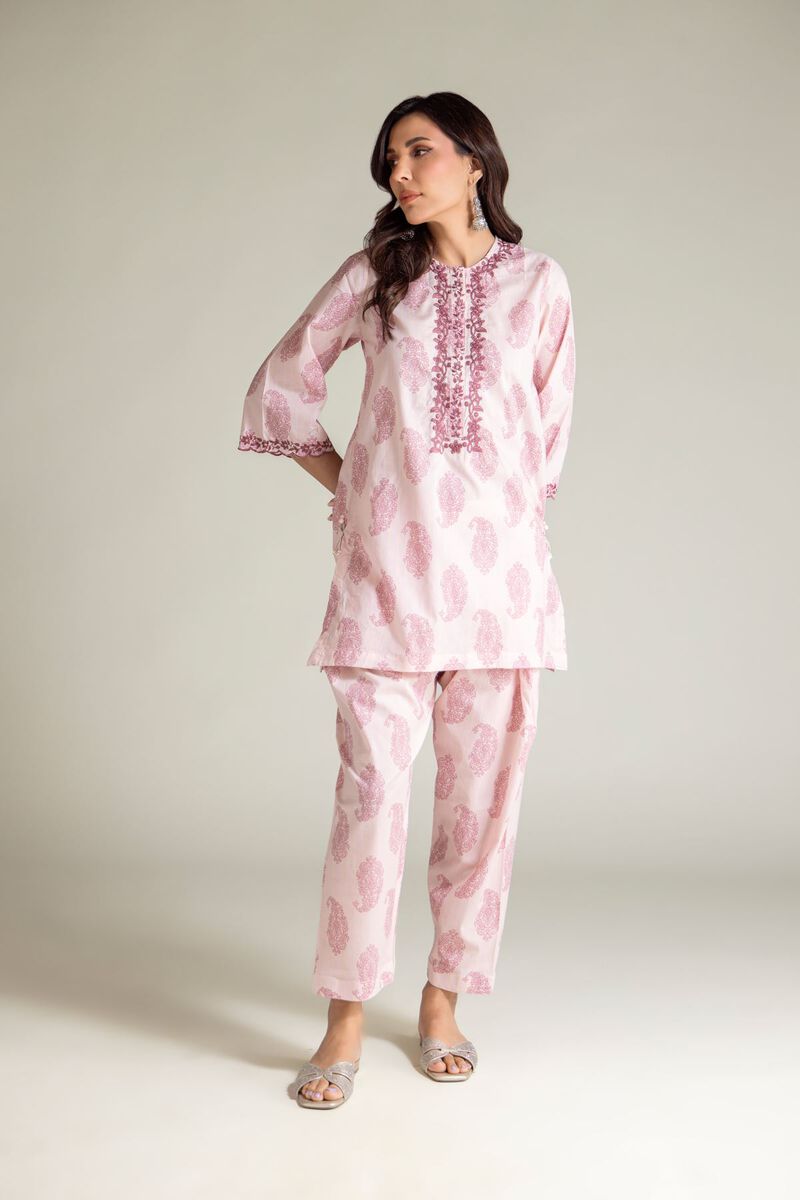 Embroidered | Cambric | Pink Paisley Kurta | USD 35.00