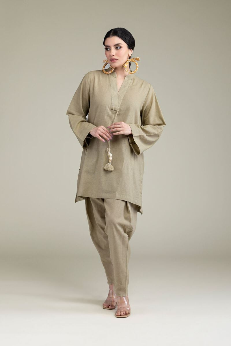 Dyed | Blended Linen | V-Neck Band-Collar Kurta | USD 35.00