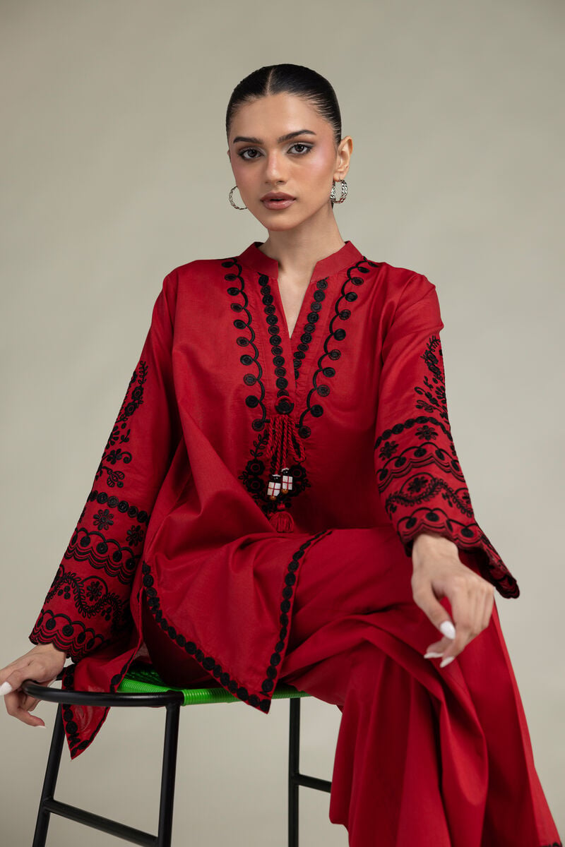 Embroidered | Cambric | Red Cambric Kurta | USD 55.00
