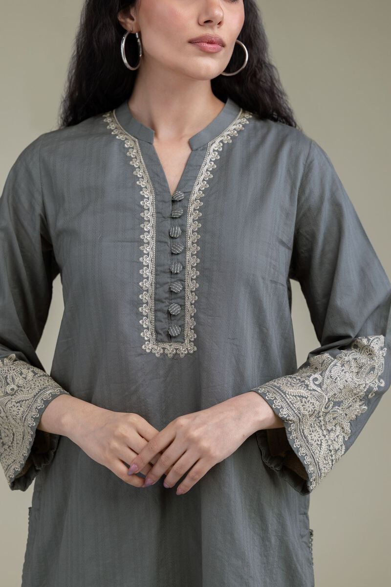 Embroidered | Cotton Dobby | Gray Cotton Kurta | USD 45.00