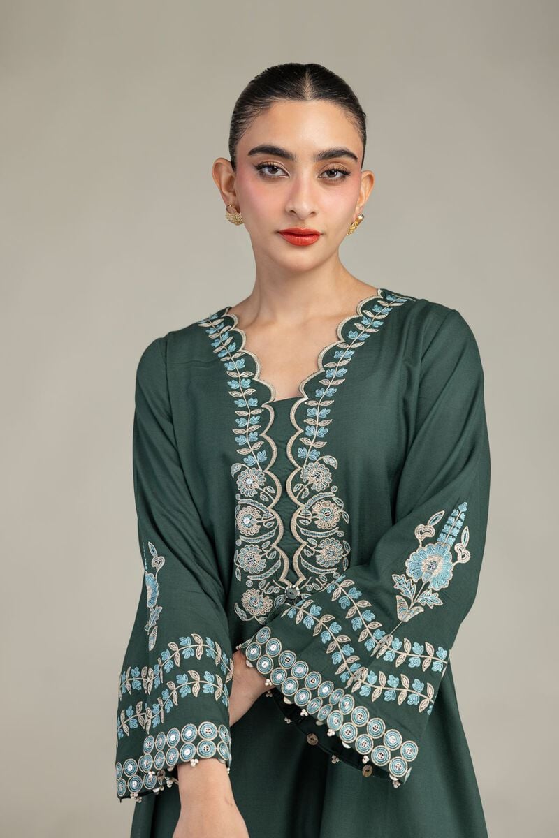 Embroidered | Raw Silk | Green Floral Kurta | USD 60.00