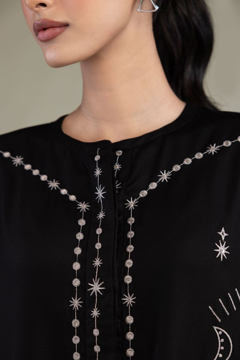 Embroidered | Viscose Crepe | Black Round-Neck Shirt | USD 40.00