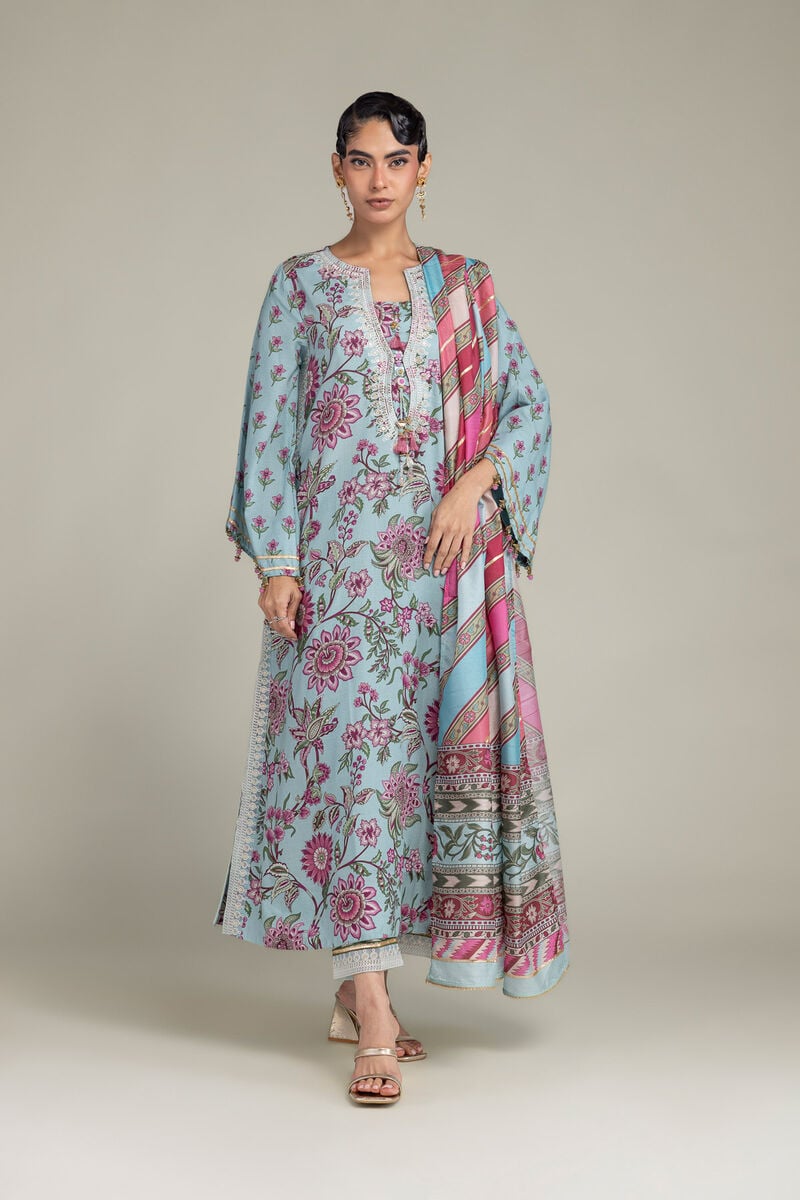 Embroidered | Polyester Silk | Blue Floral Dupatta | USD 35.00