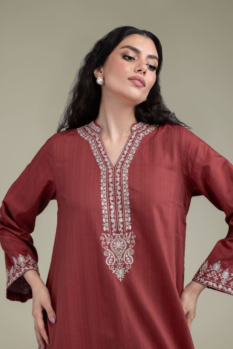 Embroidered | Cotton Dobby | Longline V-Neck Kurta | USD 45.00