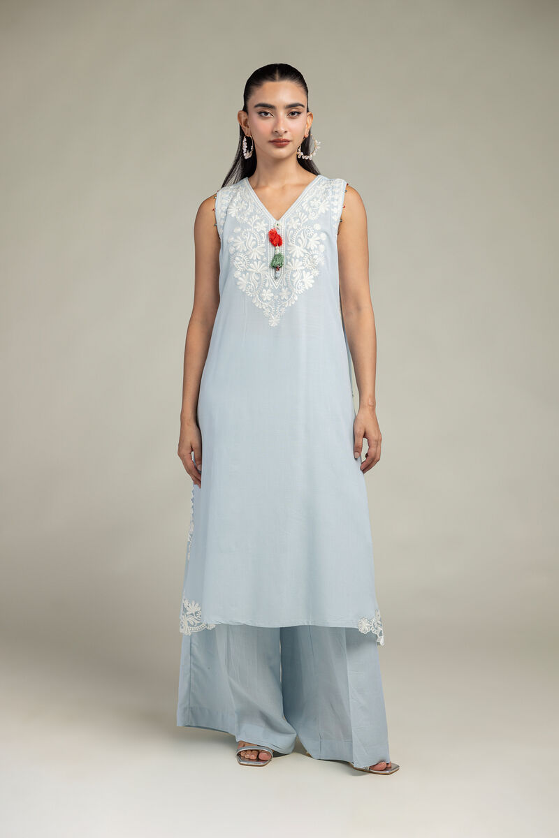 Embroidered | Raw Silk | Sleeveless V-Neck Kurta | USD 55.00