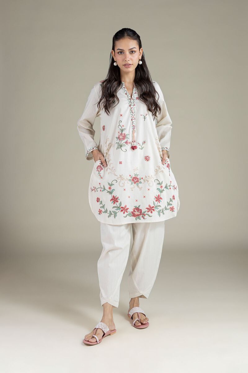 Embroidered | Textured Cambric | Floral V-Neck Kurta | USD 40.00