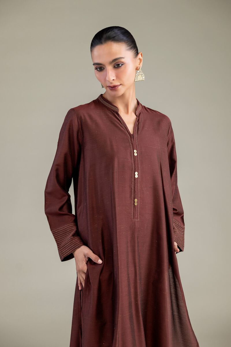 Dyed | Mesuri Silk | Brown V-Neck Kurta | USD 35.00