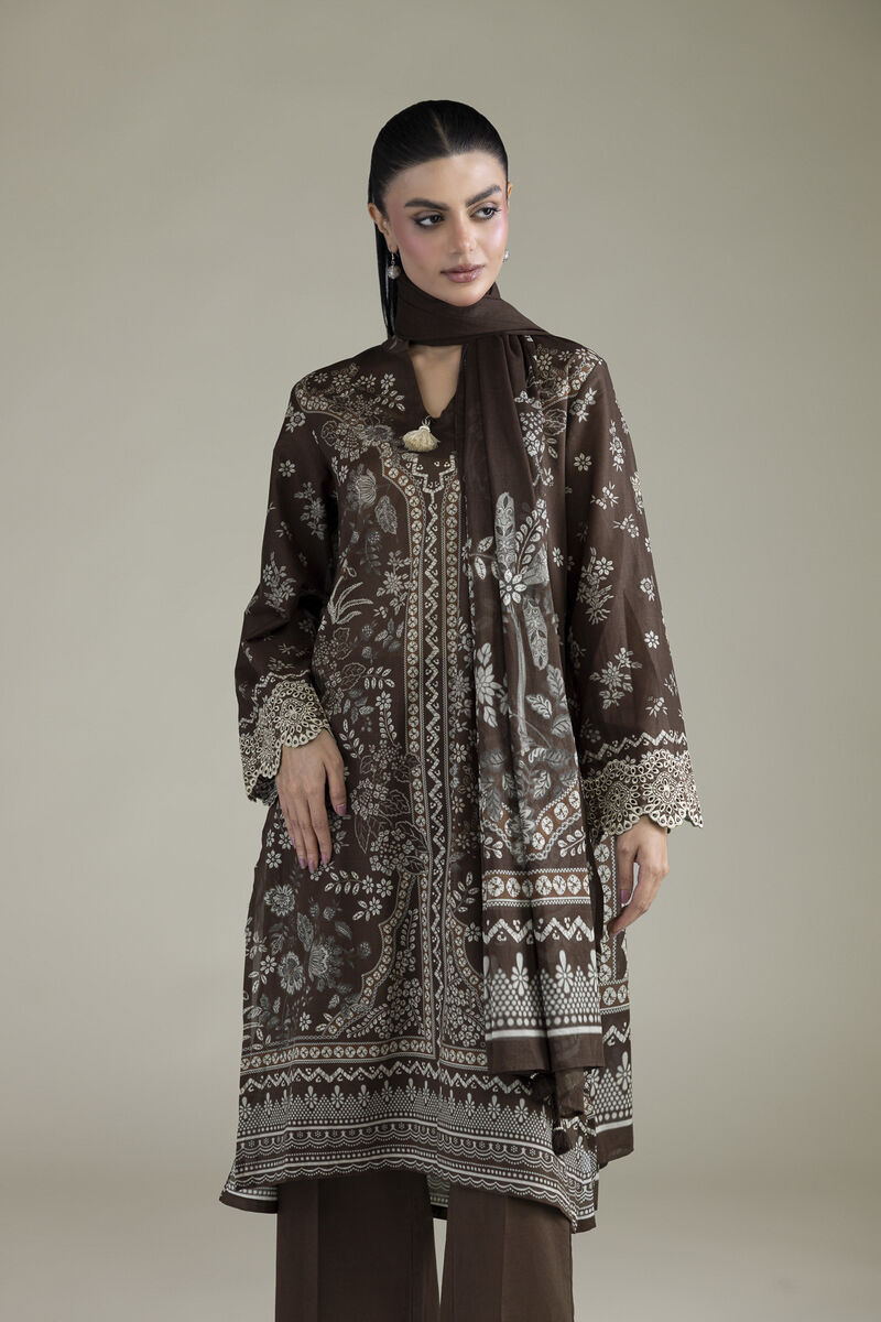 Embroidered | Cambric | Brown Tailored 3-Piece | USD 70.00