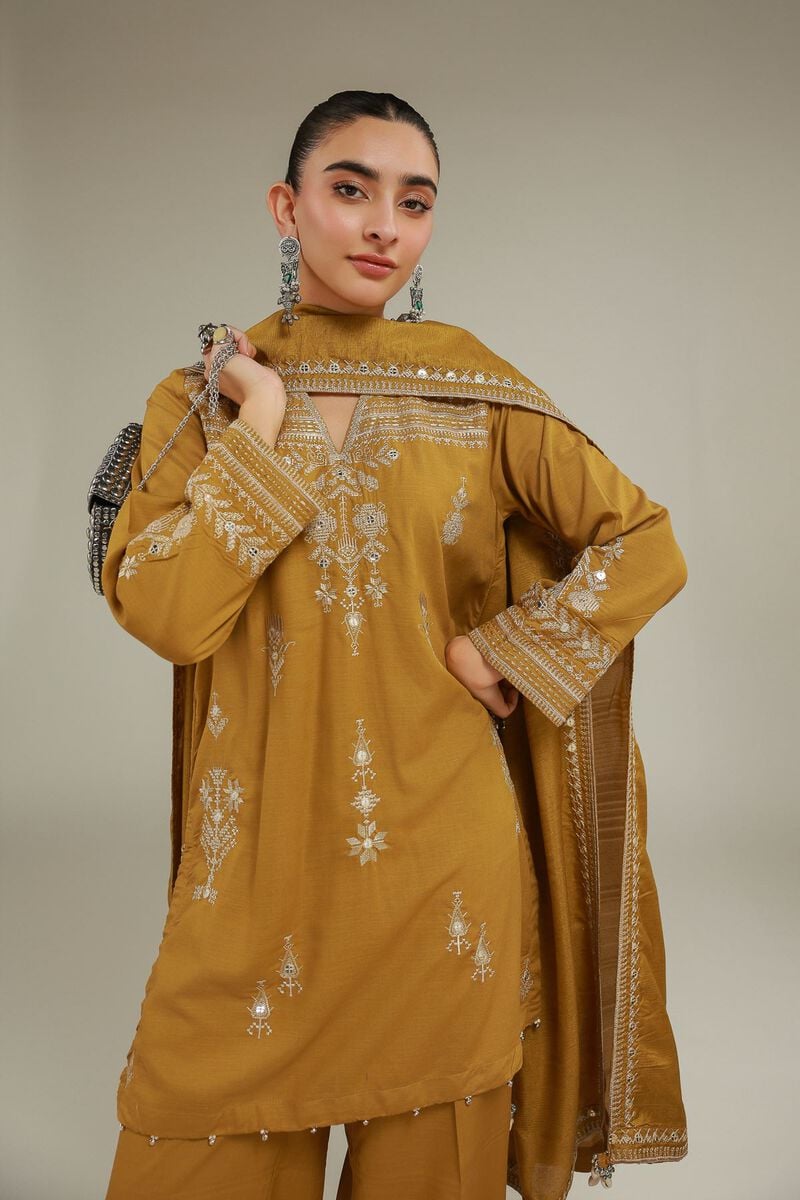 Embroidered | Raw Silk | Geometric V-Neck Kurta | USD 55.00