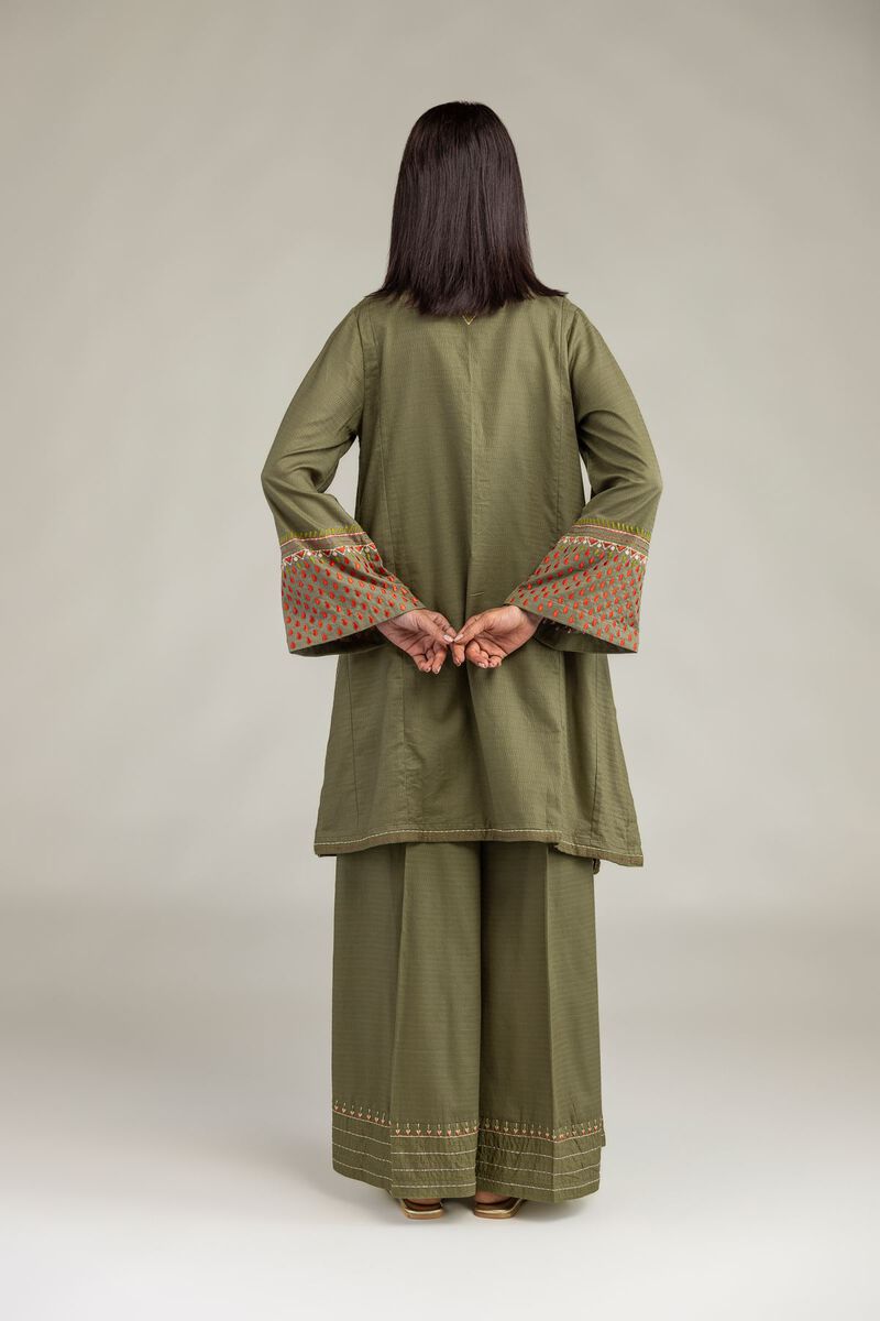 Embroidered | Cotton Dobby | Olive V-Neck Kurta | USD 40.00