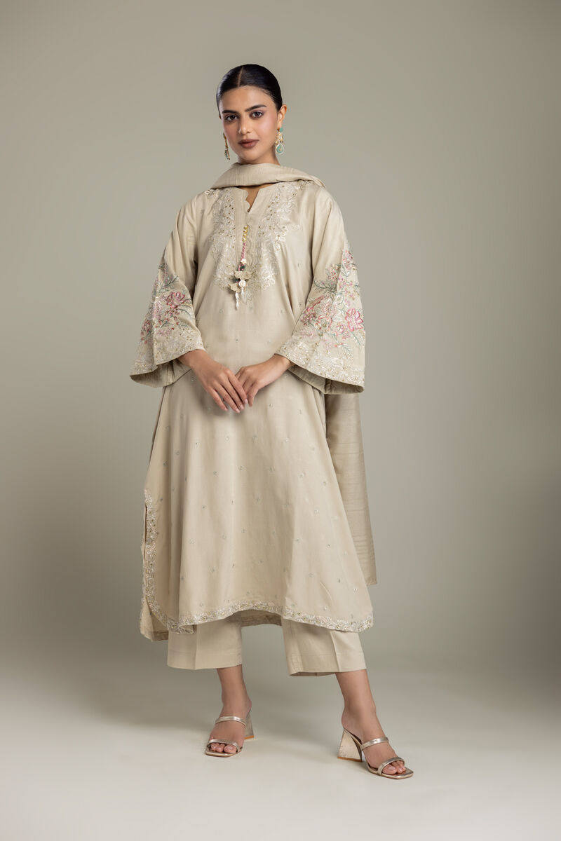 Embroidered | Polyester Silk | Beige Silk Dupatta | USD 35.00