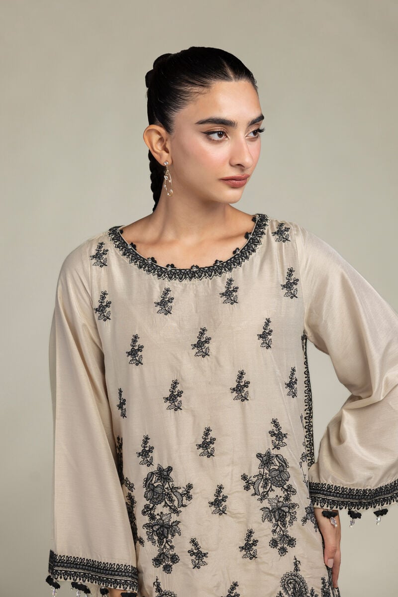 Raw Silk | Floral Beige Kurta | USD 70.00