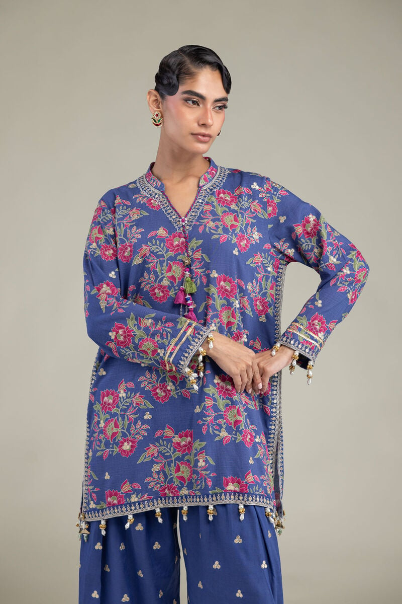 Embroidered | Raw Silk | Blue V-Neck Kurta | USD 65.00