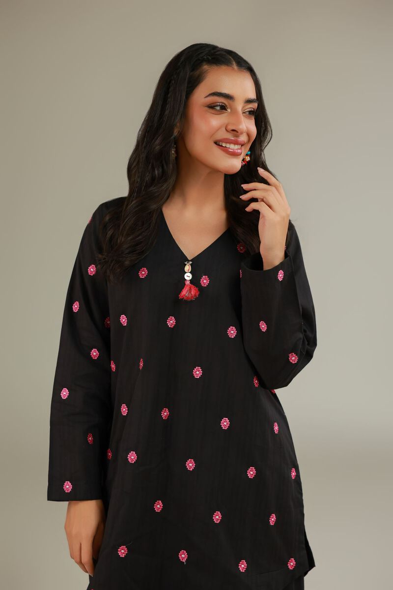 Embroidered | Cotton Dobby | Black V-Neck Kurta | USD 35.00