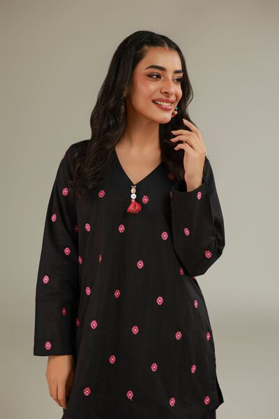 Embroidered | Cotton Dobby | Black V-Neck Kurta | USD 35.00