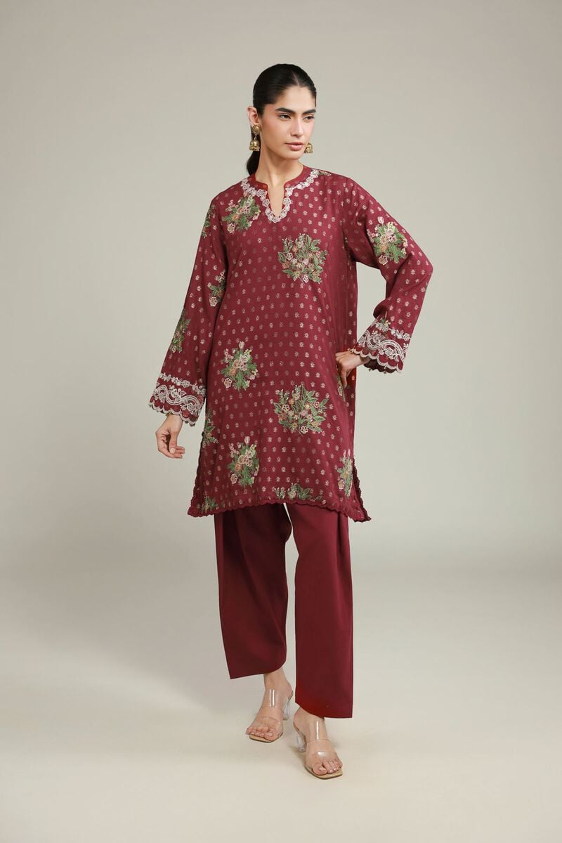 Embroidered | Jacquard | Maroon Tailored Suit | USD 70.00