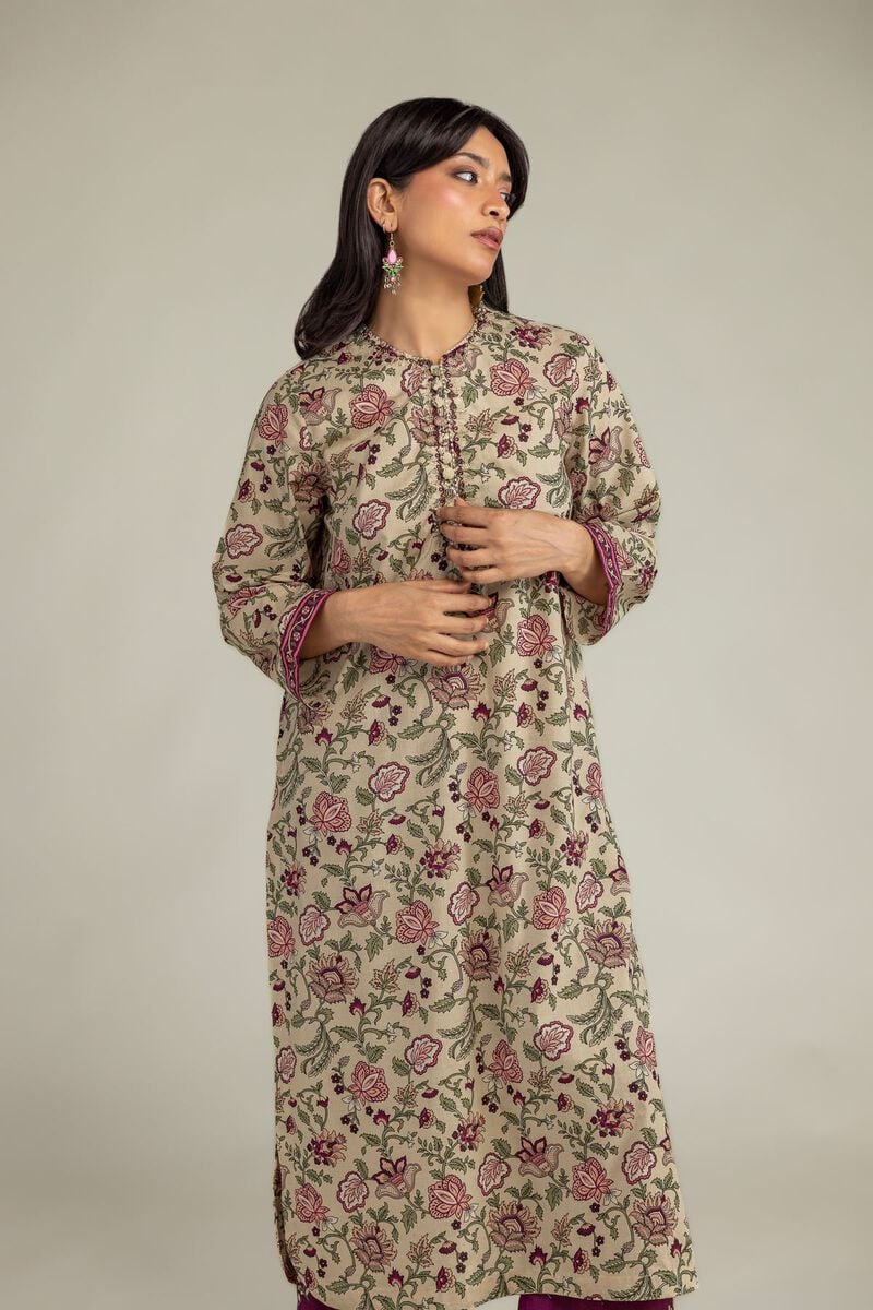 Embroidered | Cambric | Floral Beige Kurta | USD 40.00