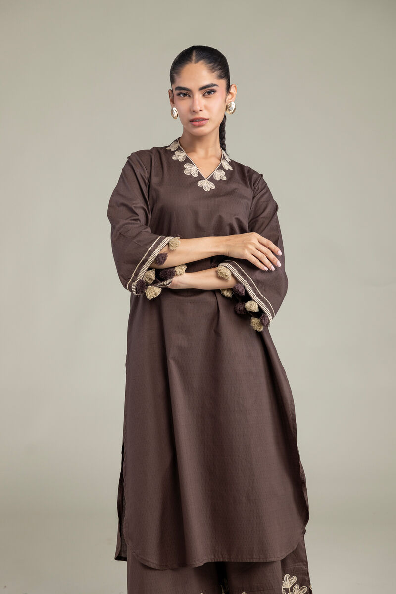 Embroidered | Cotton Dobby | Brown V-Neck Kurta | USD 40.00
