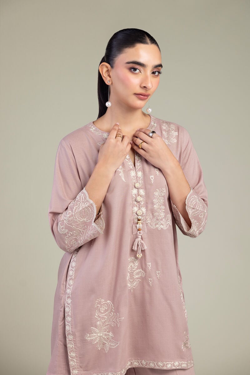 Embroidered | Raw Silk | V-Neck Pink Kurta | USD 55.00