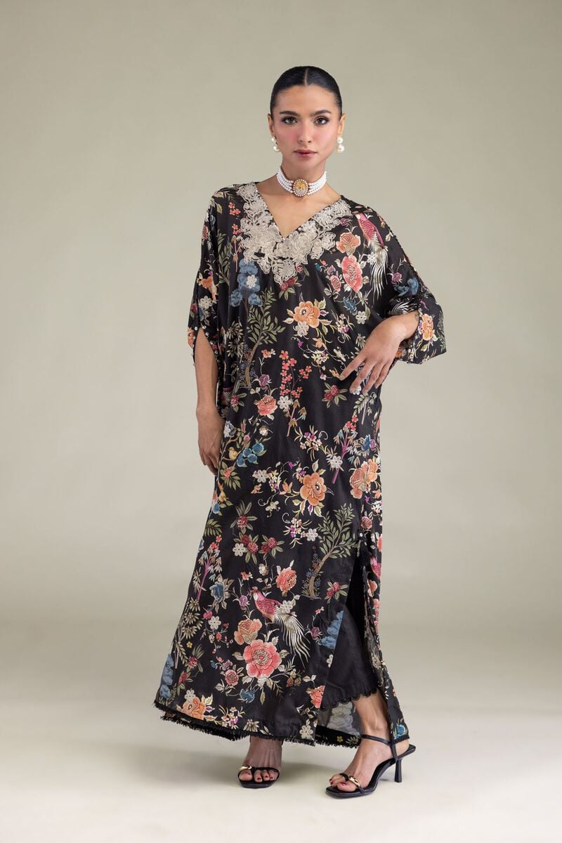 Embroidered | Raw Silk | Black V-Neck Kurta | USD 45.00