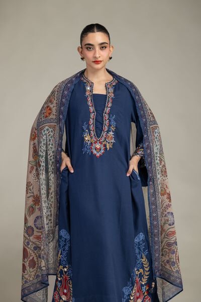 Embroidered | Raw Silk | Floral Navy Kurta | USD 65.00