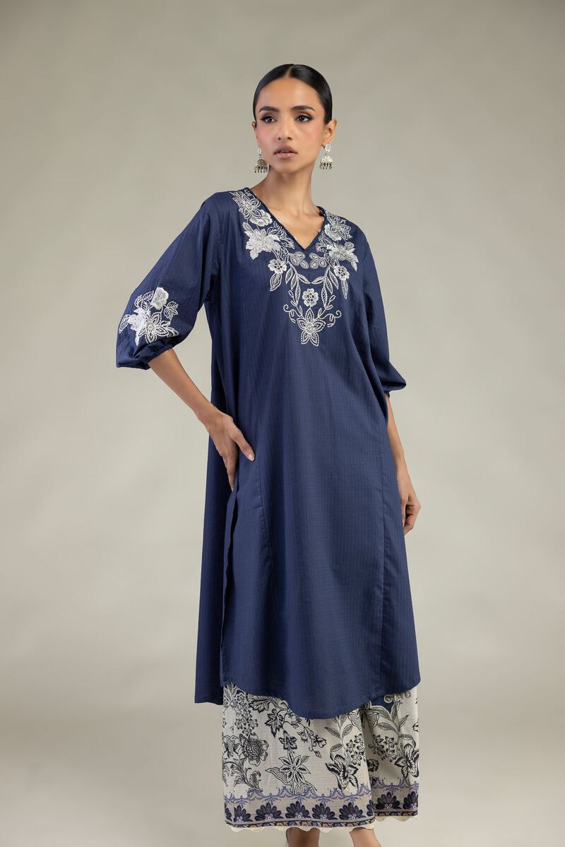 Embroidered | Cotton Dobby | Floral V-Neck Kurta | USD 45.00