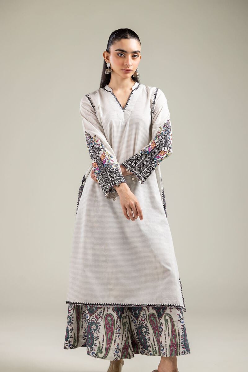 Embroidered | Mesuri | Off-White Longline Kurta | USD 45.00