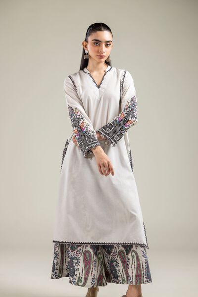 Embroidered | Mesuri | Off-White Longline Kurta | USD 45.00