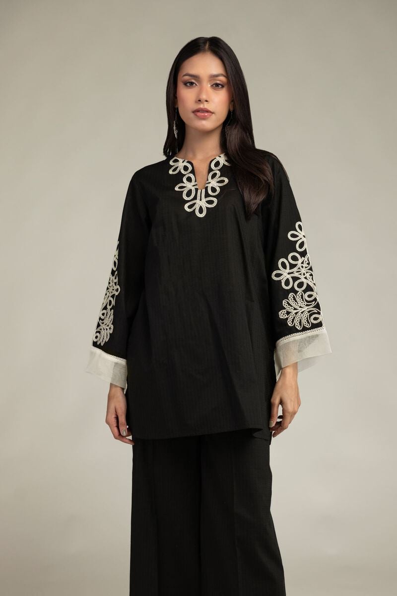 Embroidered | Cotton Dobby | Black V-Neck Kurta | USD 35.00
