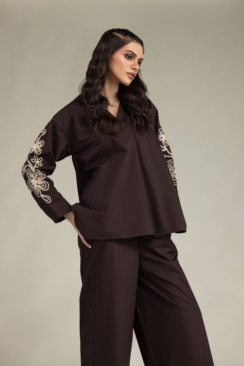 Embroidered | Poplin | Brown V-Neck Blouse | USD 35.00