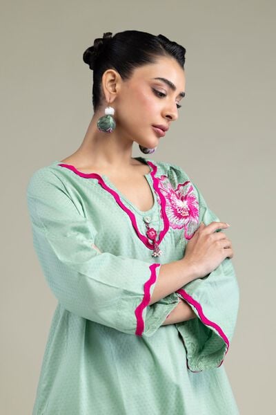 Embroidered | Cotton Dobby | Floral Mint Kurta | USD 40.00