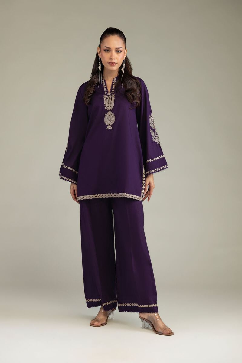 Embroidered | Cambric | Purple Cambric Pants | USD 30.00