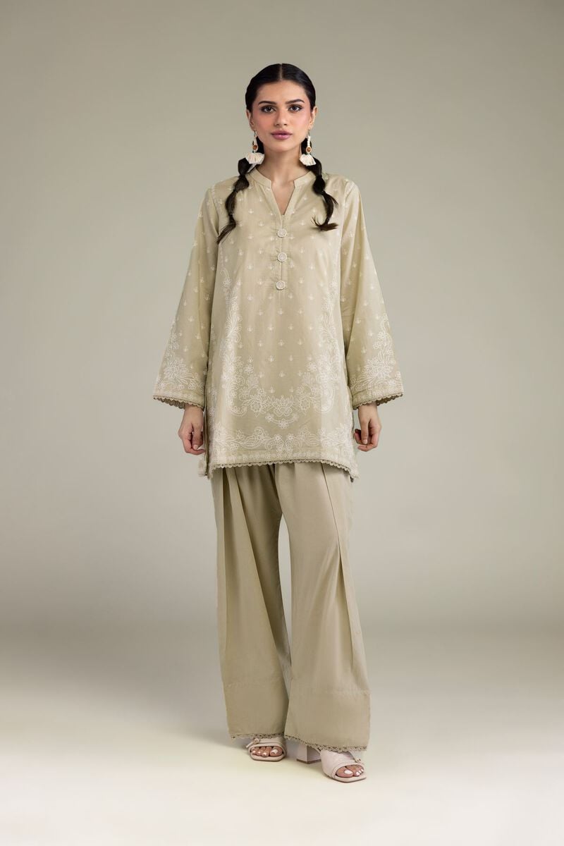 Printed | Cambric | Beige Band-Collar Kurta | USD 40.00